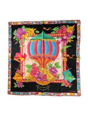 Leonard Paris Silk Scarf Hot Air Balloon Floral Square 22” Vintage